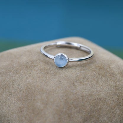 Minimalist Genuine Aquamarine Ring in Sterling Silver, 4mm Bezel Set Natural Aquamarine Ring, Adjustable Size, Aquamarine Ring