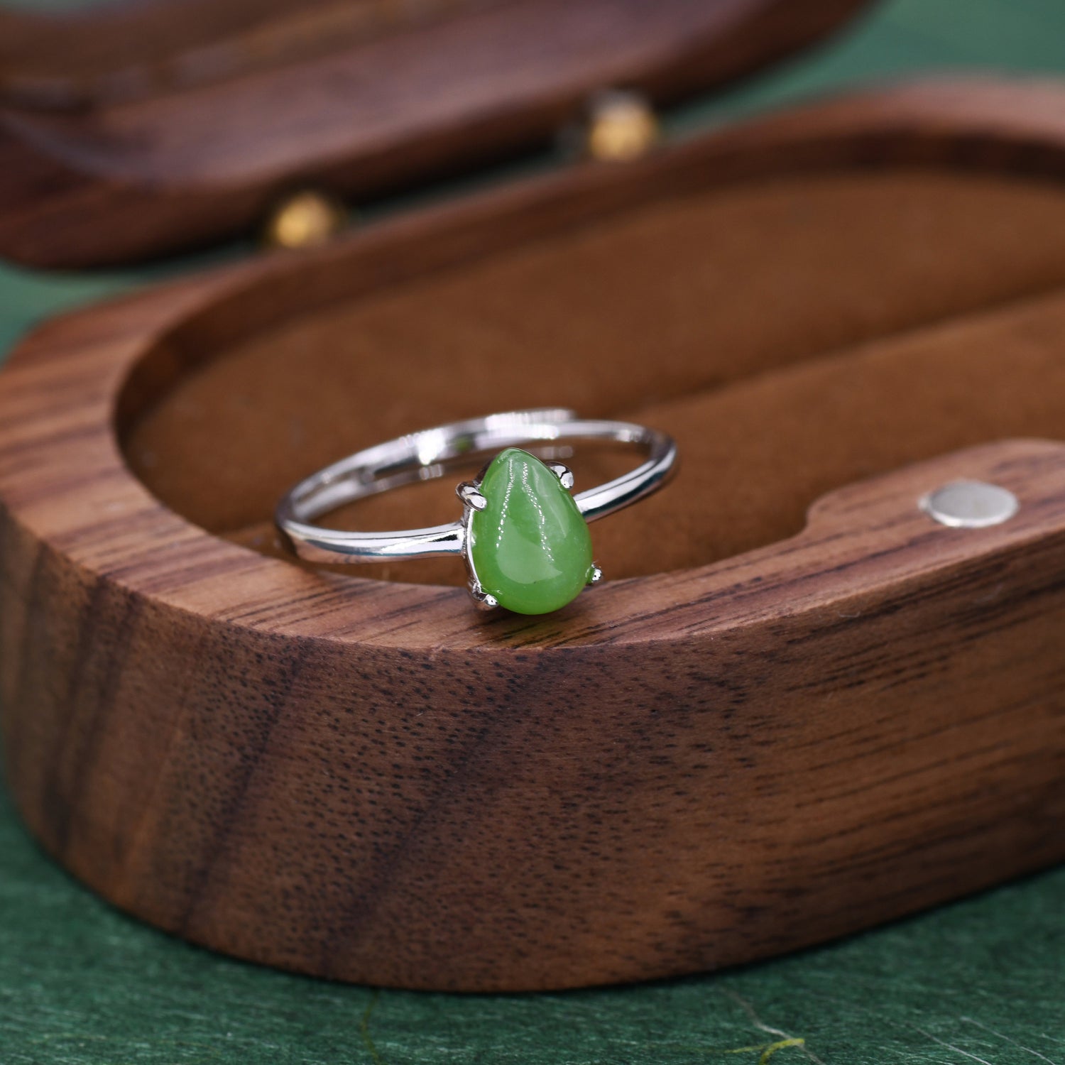 Natural Jasper Jade Droplet Ring in Sterling Silver,  4x6mm, Prong Set Pear Cut, Adjustable Size, Genuine Jade Ring