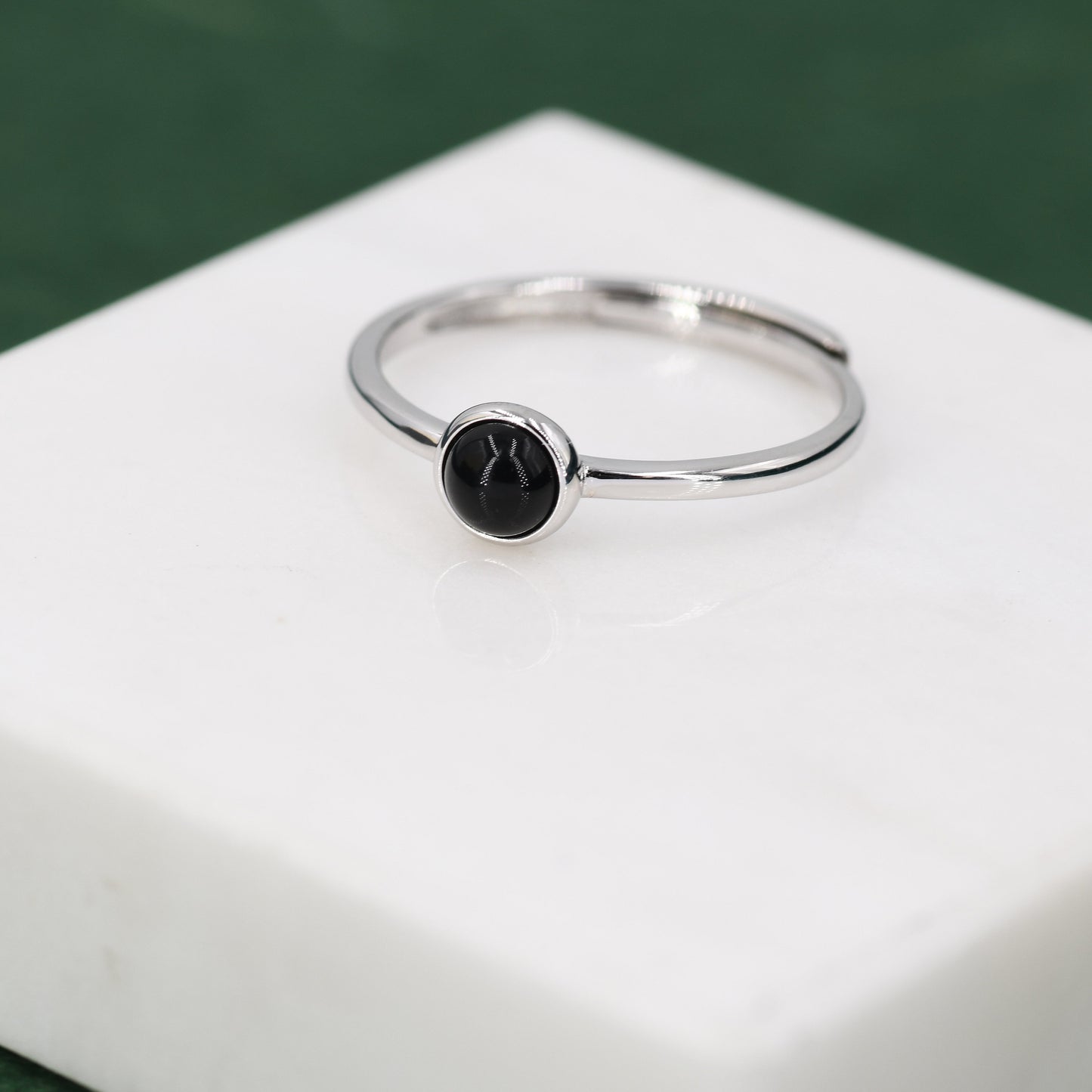 Minimalist Genuine Black Onyx Ring in Sterling Silver, 4mm Bezel Set Natural Black Onyx Ring, Adjustable Size, Black Onyx Ring