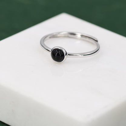 Minimalist Genuine Black Onyx Ring in Sterling Silver, 4mm Bezel Set Natural Black Onyx Ring, Adjustable Size, Black Onyx Ring