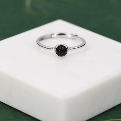 Minimalist Genuine Black Onyx Ring in Sterling Silver, 4mm Bezel Set Natural Black Onyx Ring, Adjustable Size, Black Onyx Ring