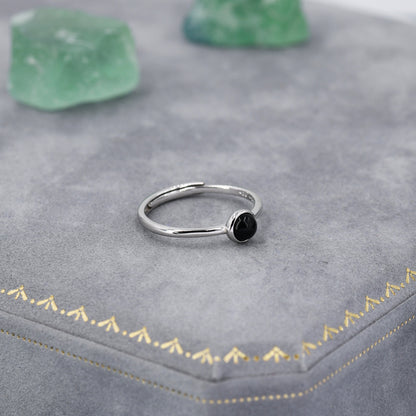 Minimalist Genuine Black Onyx Ring in Sterling Silver, 4mm Bezel Set Natural Black Onyx Ring, Adjustable Size, Black Onyx Ring