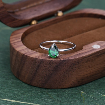 1 Carat Emerald Green CZ Pear Cut Ring in Sterling Silver, 5x7mm Green Zircon Ring, US Size 5-8, Droplet Ring, May Birthstone