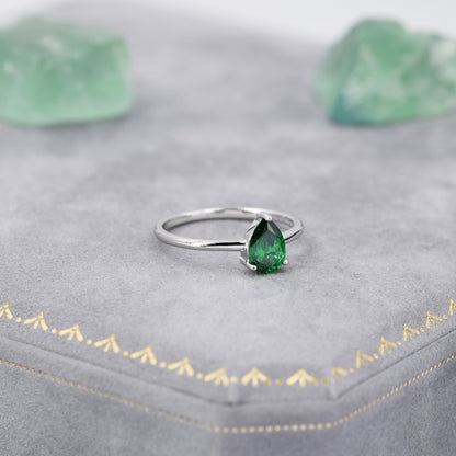 1 Carat Emerald Green CZ Pear Cut Ring in Sterling Silver, 5x7mm Green Zircon Ring, US Size 5-8, Droplet Ring, May Birthstone