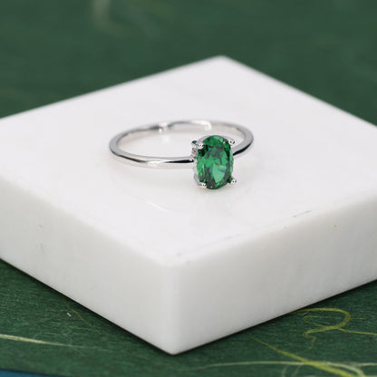 1 Carat Emerald Green CZ Oval Cut Ring in Sterling Silver, 5x7mm Green Zircon Ring, US Size 5-8, Green Oval Ring, May Birthstone