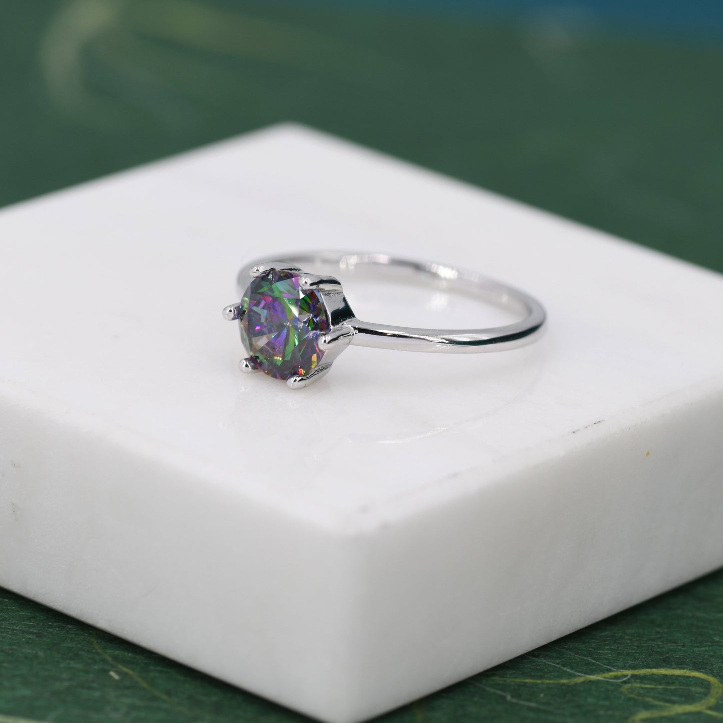 1 Carat Mystic Black CZ Brilliant Cut Ring in Sterling Silver, 6.5mm Mystic Topaz Zircon Ring, US Size 5-8, Aurora Black Ring