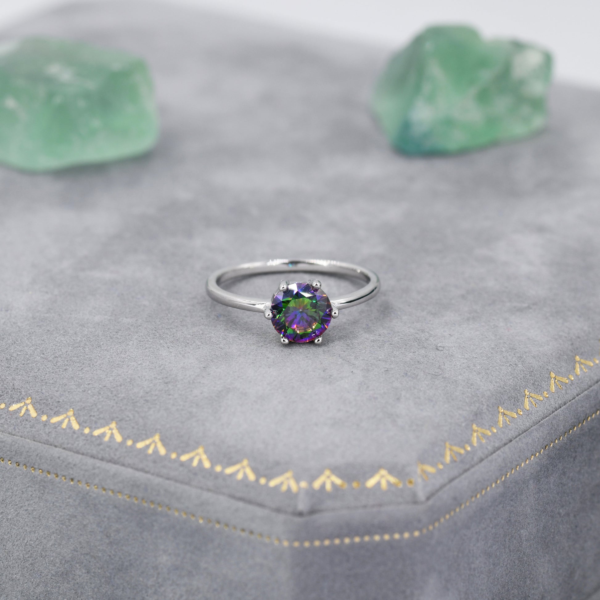 1 Carat Mystic Black CZ Brilliant Cut Ring in Sterling Silver, 6.5mm Mystic Topaz Zircon Ring, US Size 5-8, Aurora Black Ring