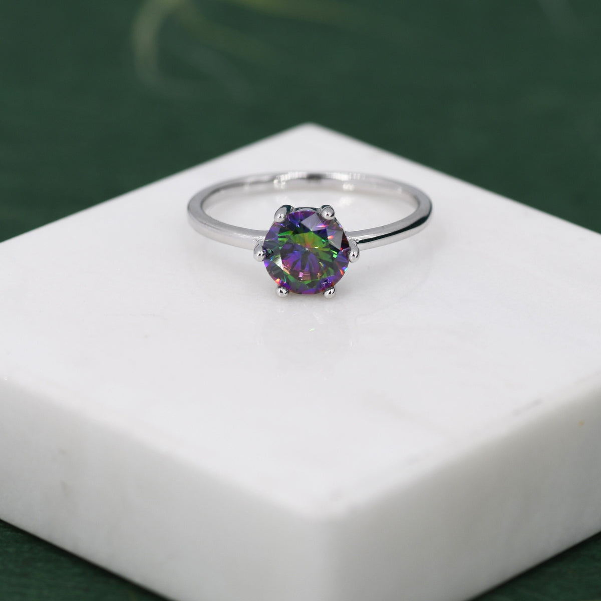 1 Carat Mystic Black CZ Brilliant Cut Ring in Sterling Silver, 6.5mm Mystic Topaz Zircon Ring, US Size 5-8, Aurora Black Ring