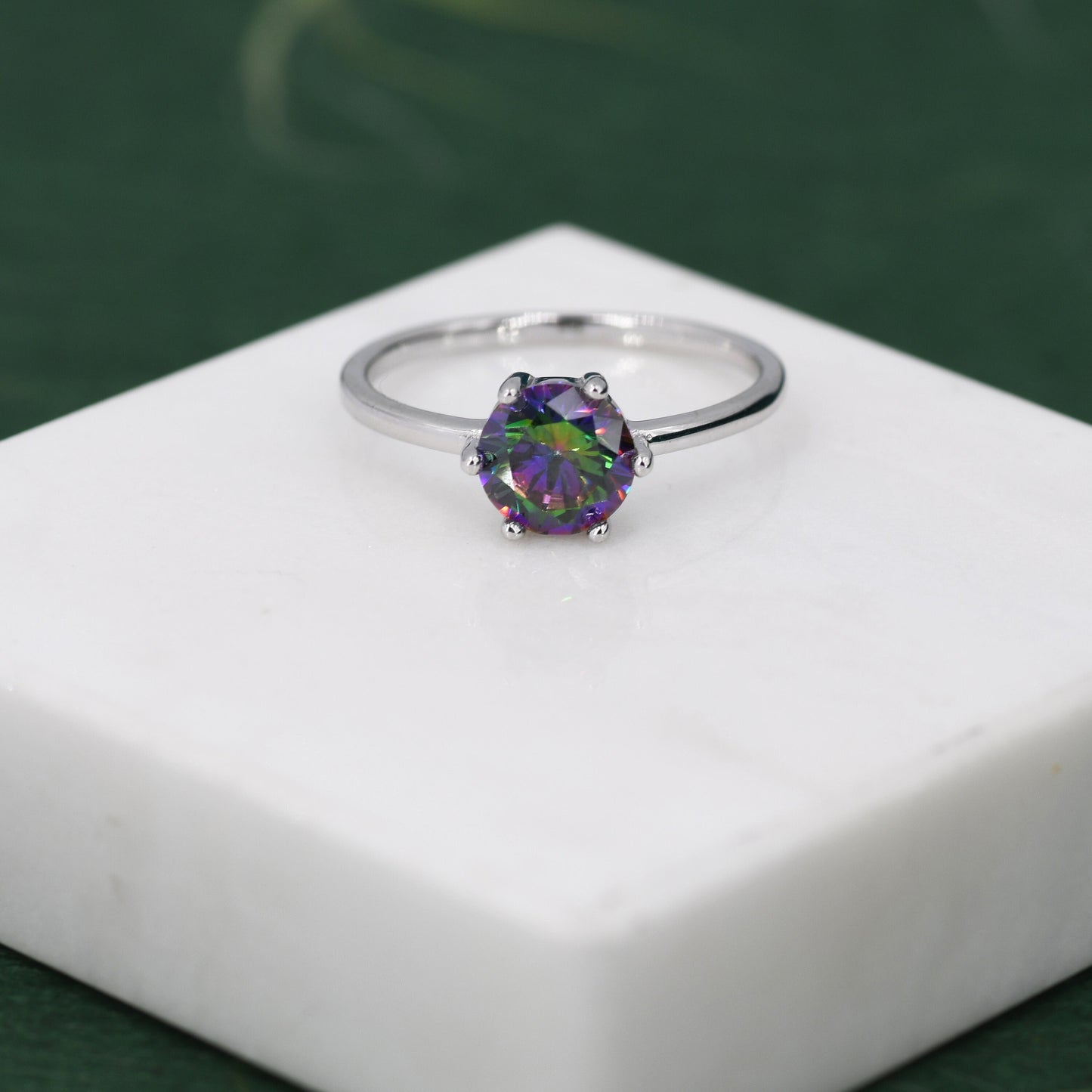 1 Carat Mystic Black CZ Brilliant Cut Ring in Sterling Silver, 6.5mm Mystic Topaz Zircon Ring, US Size 5-8, Aurora Black Ring