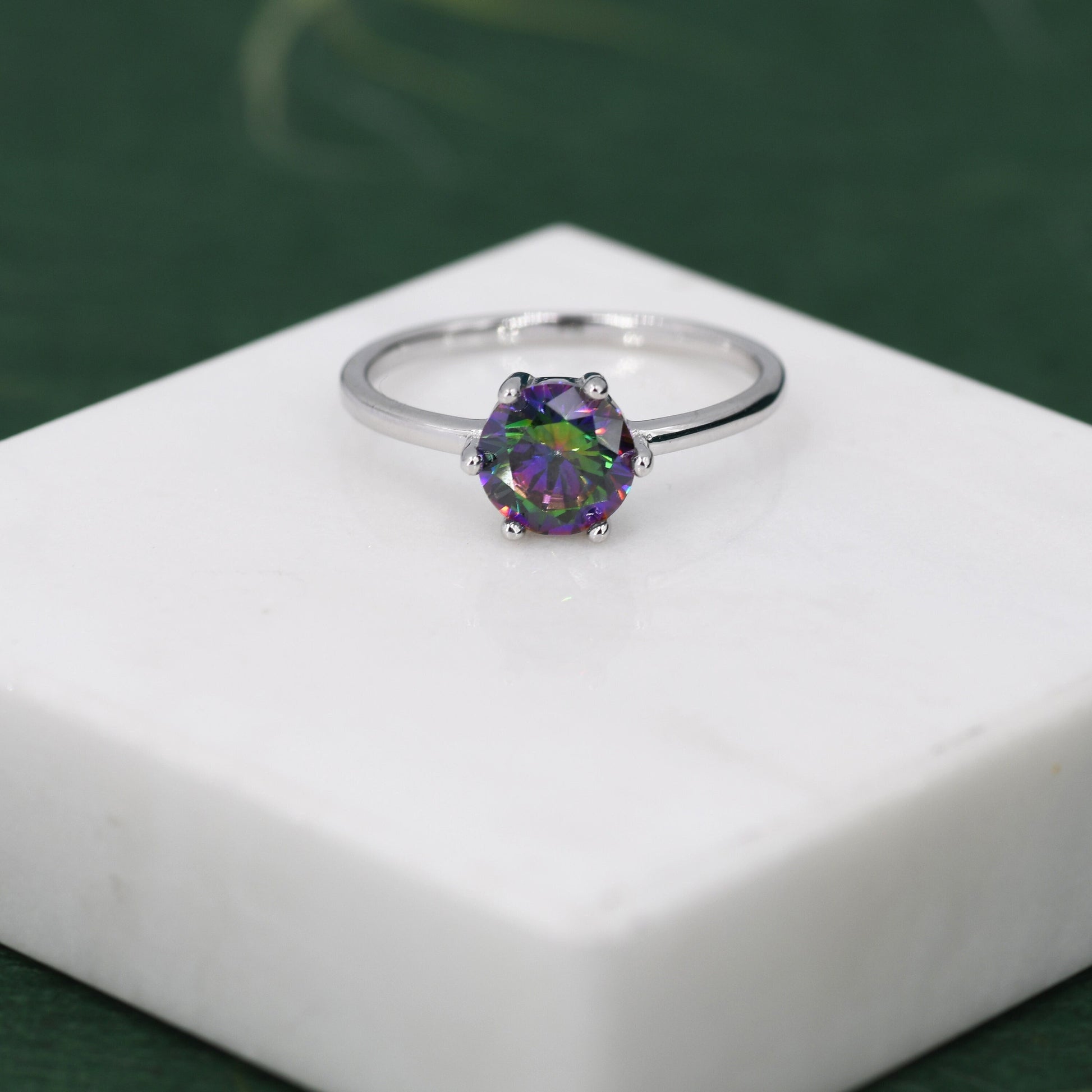 1 Carat Mystic Black CZ Brilliant Cut Ring in Sterling Silver, 6.5mm Mystic Topaz Zircon Ring, US Size 5-8, Aurora Black Ring