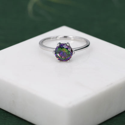 1 Carat Mystic Black CZ Brilliant Cut Ring in Sterling Silver, 6.5mm Mystic Topaz Zircon Ring, US Size 5-8, Aurora Black Ring