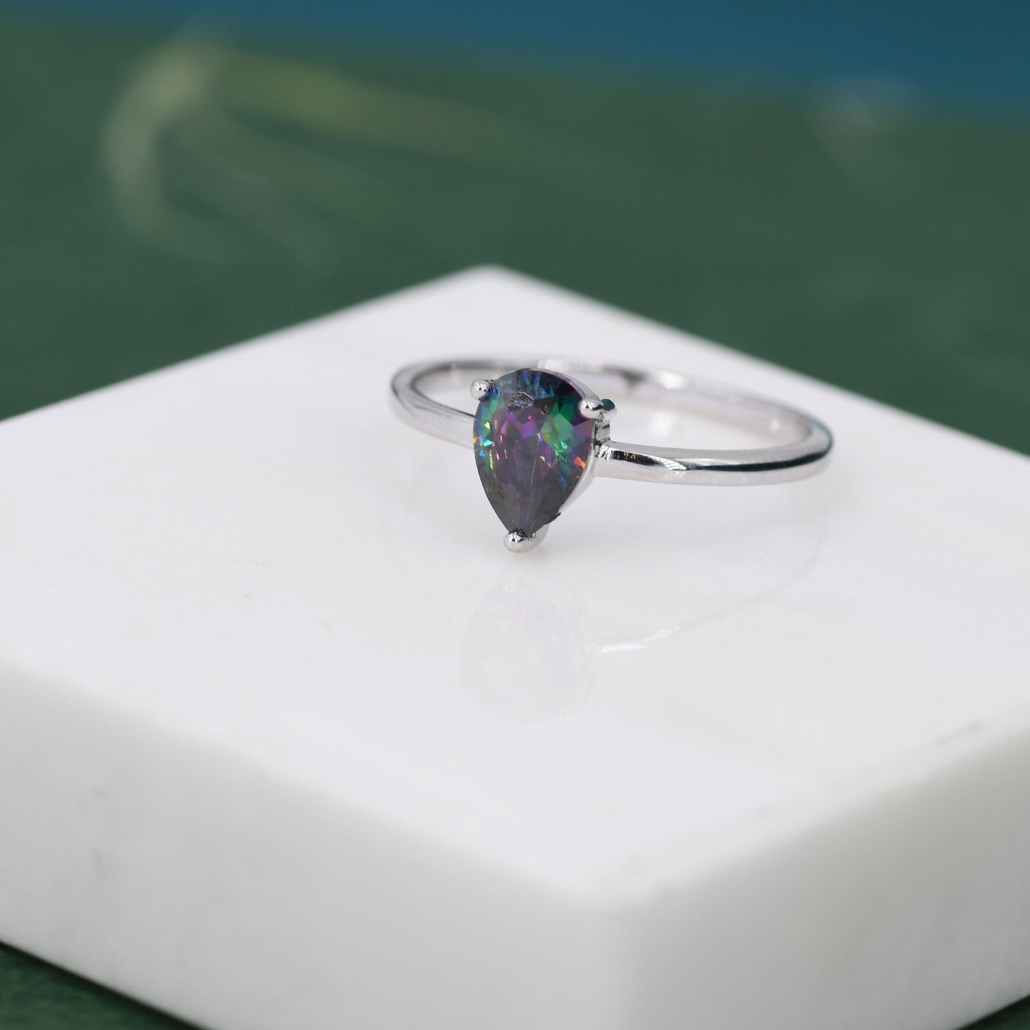 1 Carat Mystic Black CZ Pear Cut Ring in Sterling Silver, 5x7mm Mystic Topaz Zircon Ring, US Size 5-8, Aurora Black Droplet Ring