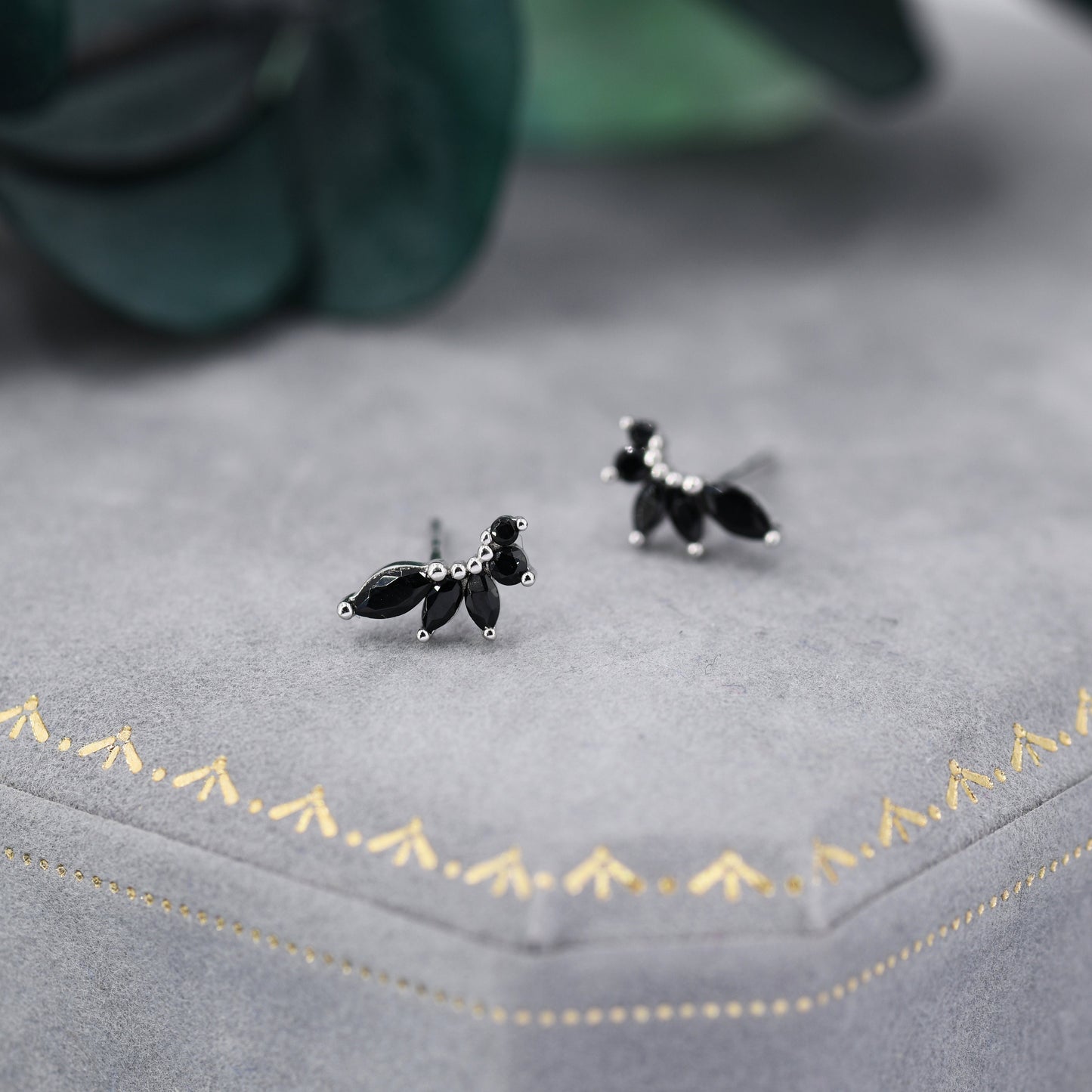 Black CZ Marquise Cluster Stud Earrings in Sterling Silver, Silver or Gold, Marquise Earrings, CZ Wing Earrings, Mini Crawler