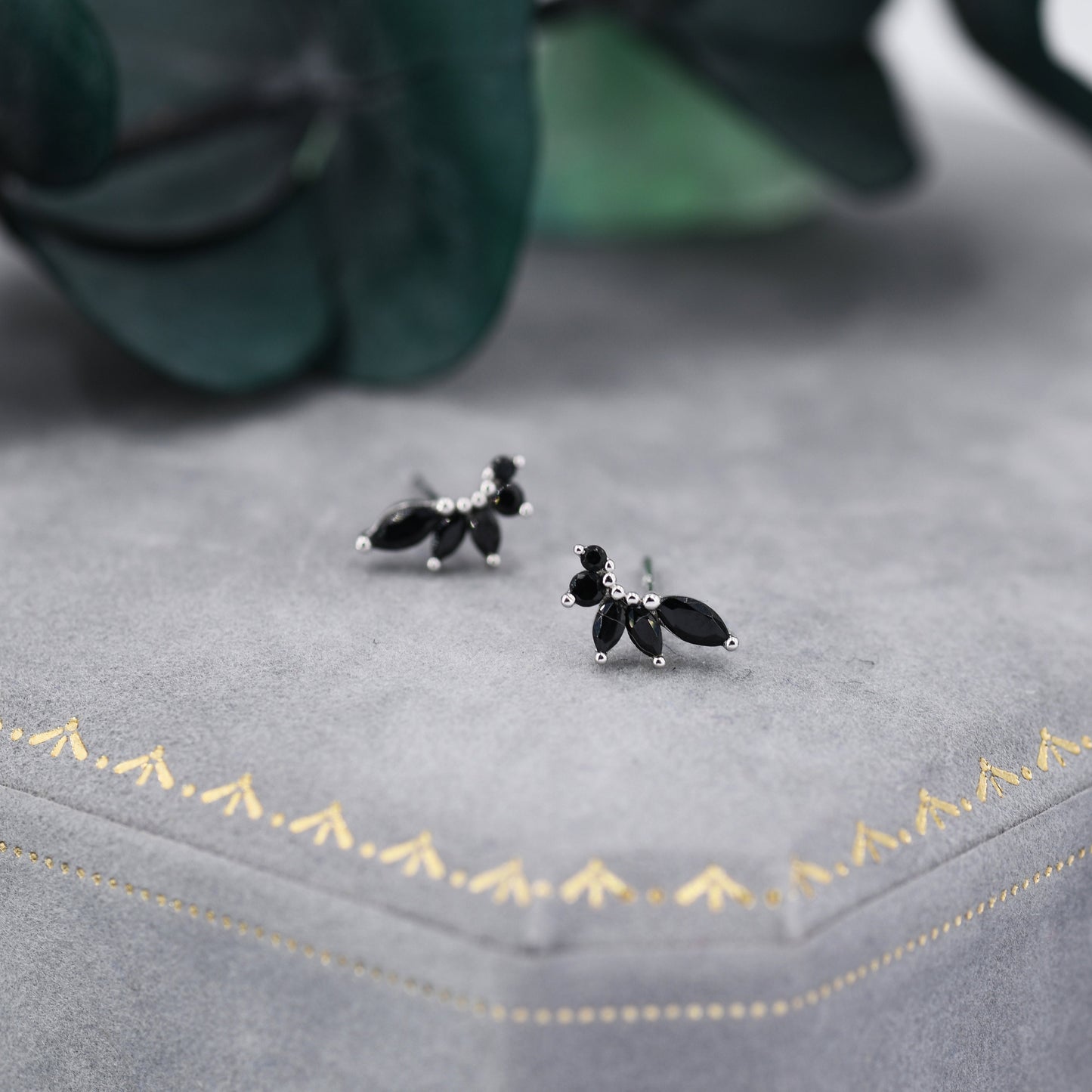 Black CZ Marquise Cluster Stud Earrings in Sterling Silver, Silver or Gold, Marquise Earrings, CZ Wing Earrings, Mini Crawler