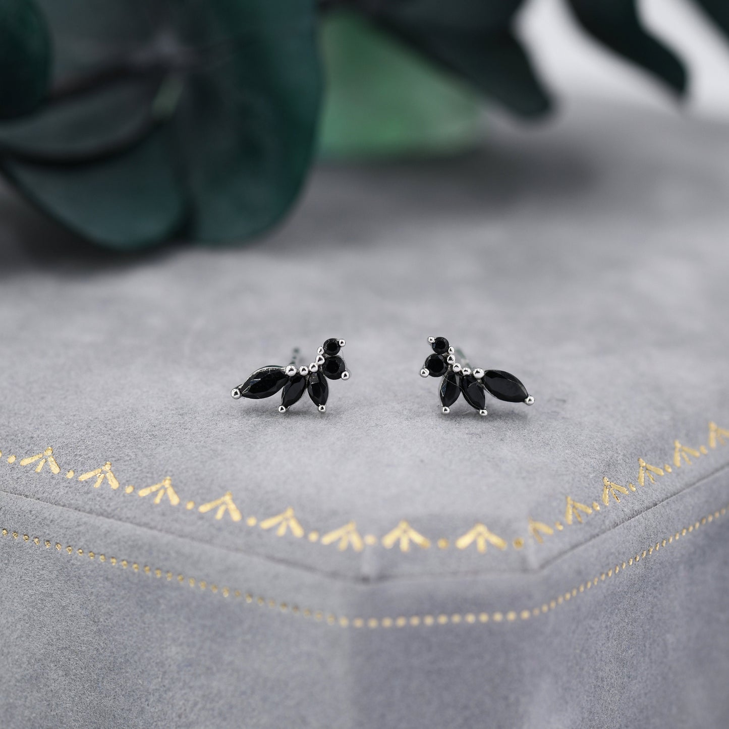 Black CZ Marquise Cluster Stud Earrings in Sterling Silver, Silver or Gold, Marquise Earrings, CZ Wing Earrings, Mini Crawler