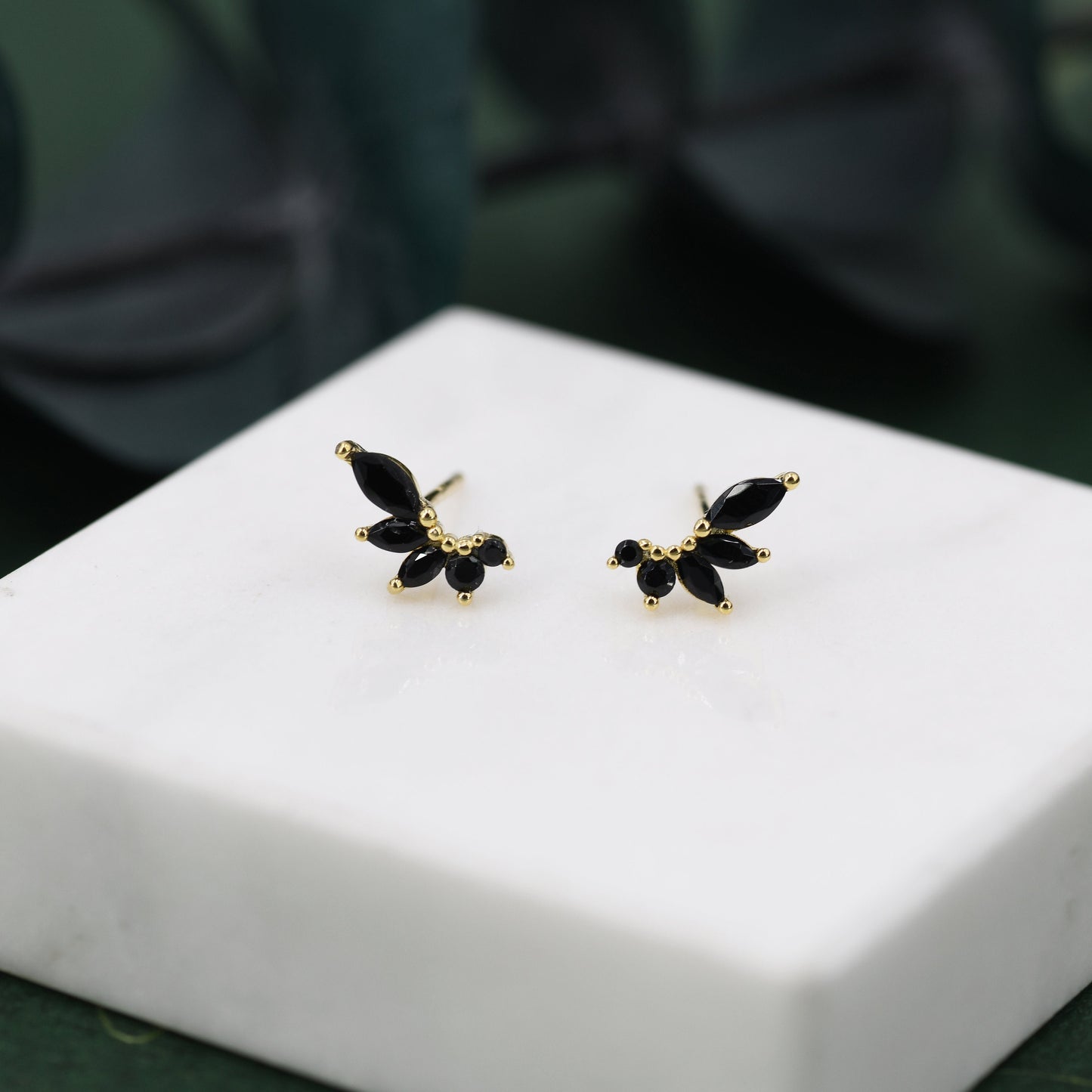 Black CZ Marquise Cluster Stud Earrings in Sterling Silver, Silver or Gold, Marquise Earrings, CZ Wing Earrings, Mini Crawler