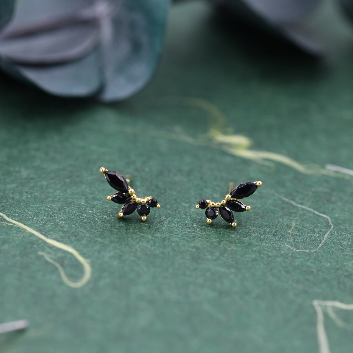 Black CZ Marquise Cluster Stud Earrings in Sterling Silver, Silver or Gold, Marquise Earrings, CZ Wing Earrings, Mini Crawler