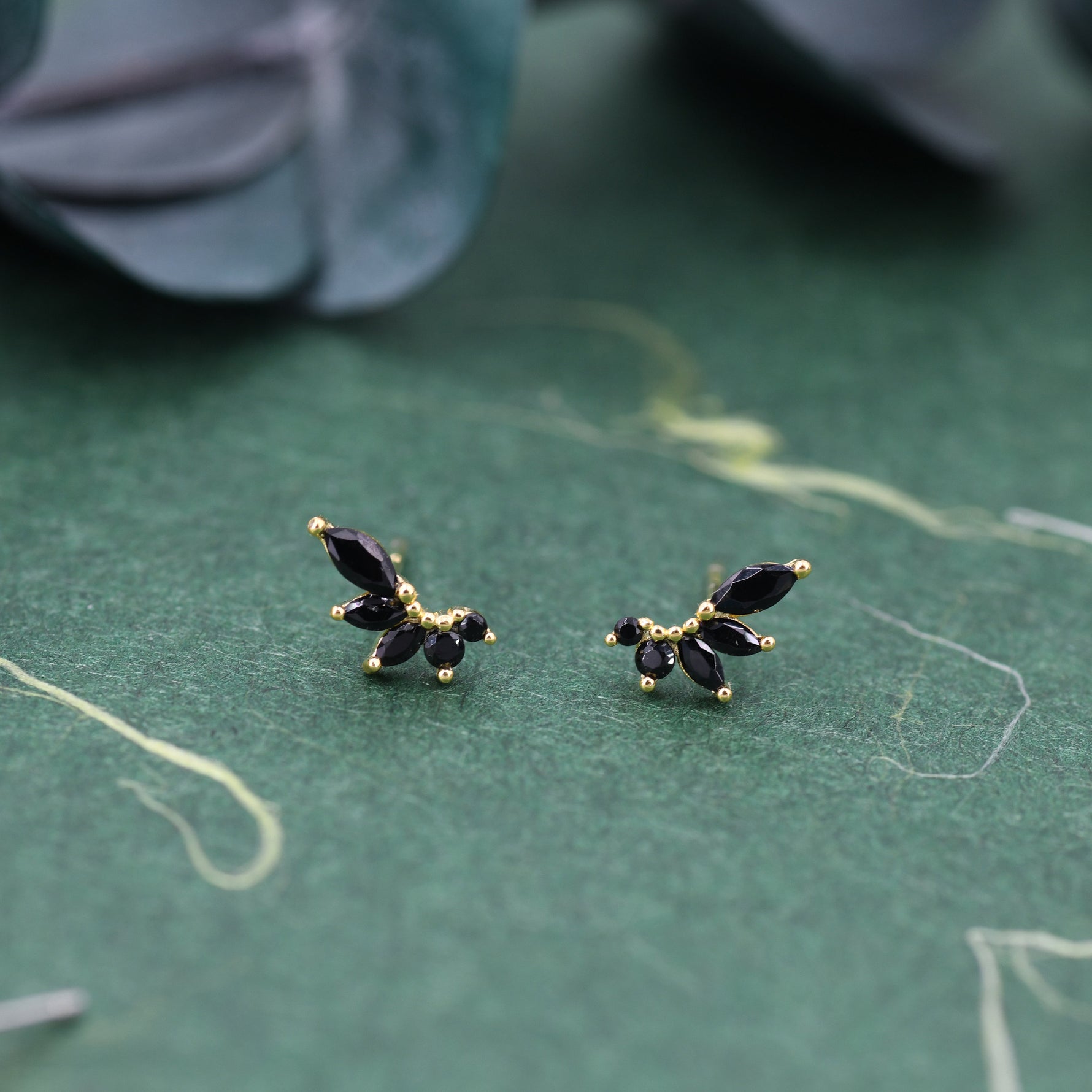 Black CZ Marquise Cluster Stud Earrings in Sterling Silver, Silver or Gold, Marquise Earrings, CZ Wing Earrings, Mini Crawler