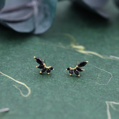 Black CZ Marquise Cluster Stud Earrings in Sterling Silver, Silver or Gold, Marquise Earrings, CZ Wing Earrings, Mini Crawler