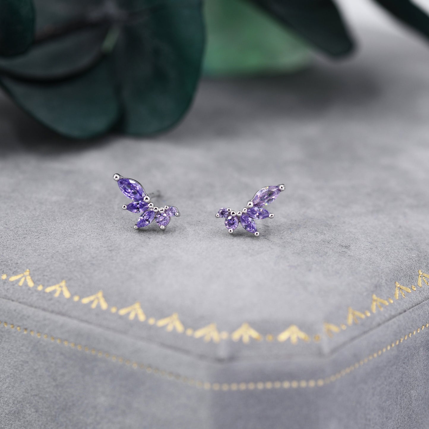 Amethyst Purple CZ Marquise Cluster Stud Earrings in Sterling Silver, Silver or Gold, Marquise Earrings, CZ Wing Earrings, Mini Crawler