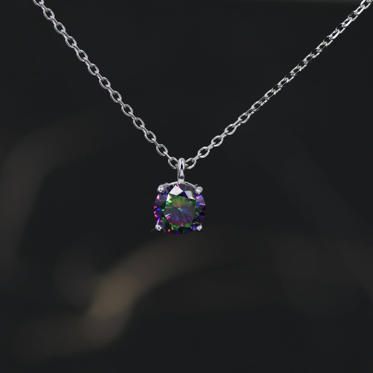 Mystic Black CZ Pendant Necklace in Sterling Silver, 0.5 carat Mystic Topaz Zircon Necklace, Black AB Necklace