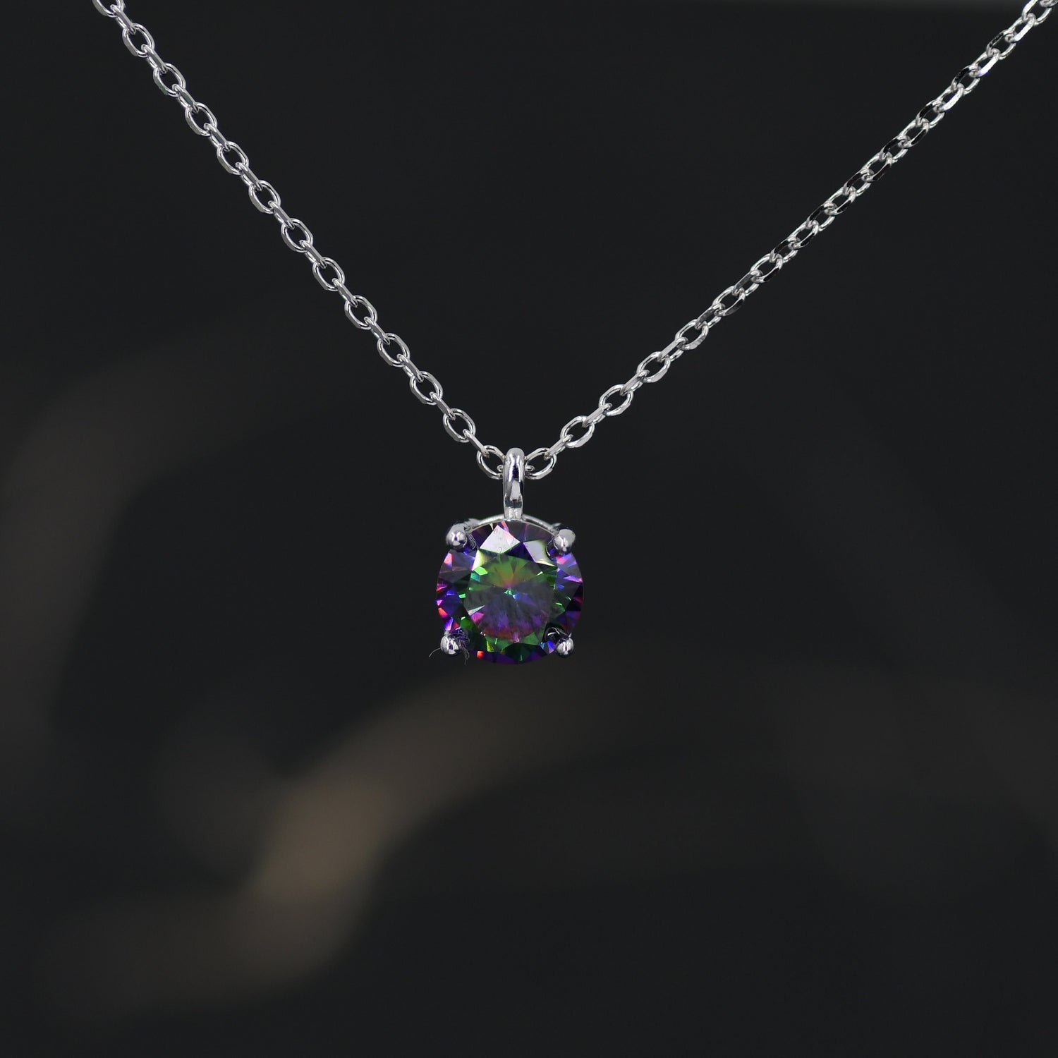 Mystic Black CZ Pendant Necklace in Sterling Silver, 0.5 carat Mystic Topaz Zircon Necklace, Black AB Necklace