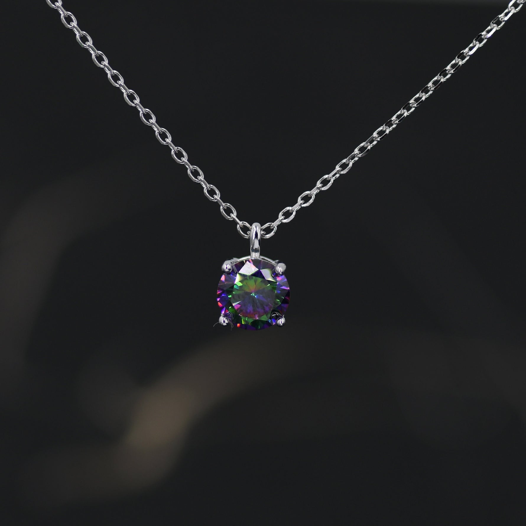 Mystic Black CZ Pendant Necklace in Sterling Silver, 0.5 carat Mystic Topaz Zircon Necklace, Black AB Necklace