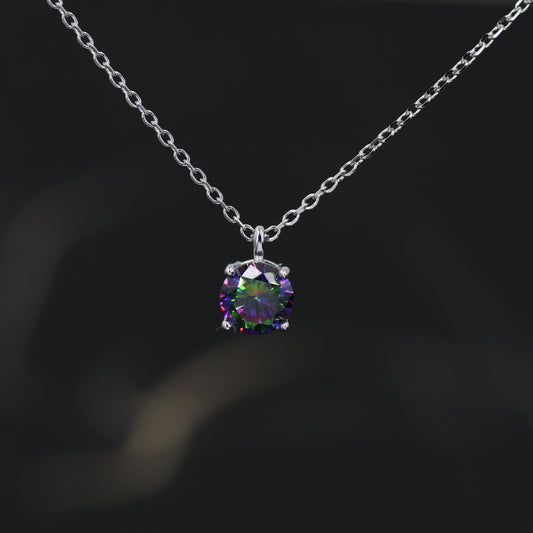 Mystic Black CZ Pendant Necklace  in Sterling Silver,  0.5 carat Mystic Topaz Zircon Necklace, Black AB Necklace