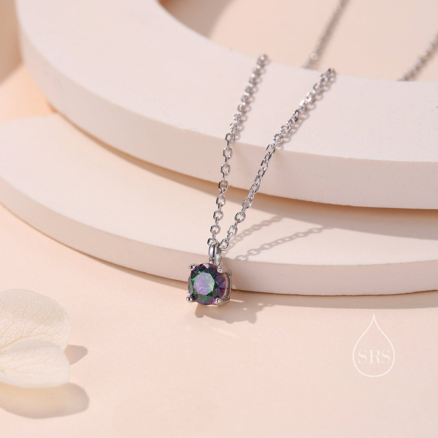 Mystic Black CZ Pendant Necklace in Sterling Silver, 0.5 carat Mystic Topaz Zircon Necklace, Black AB Necklace