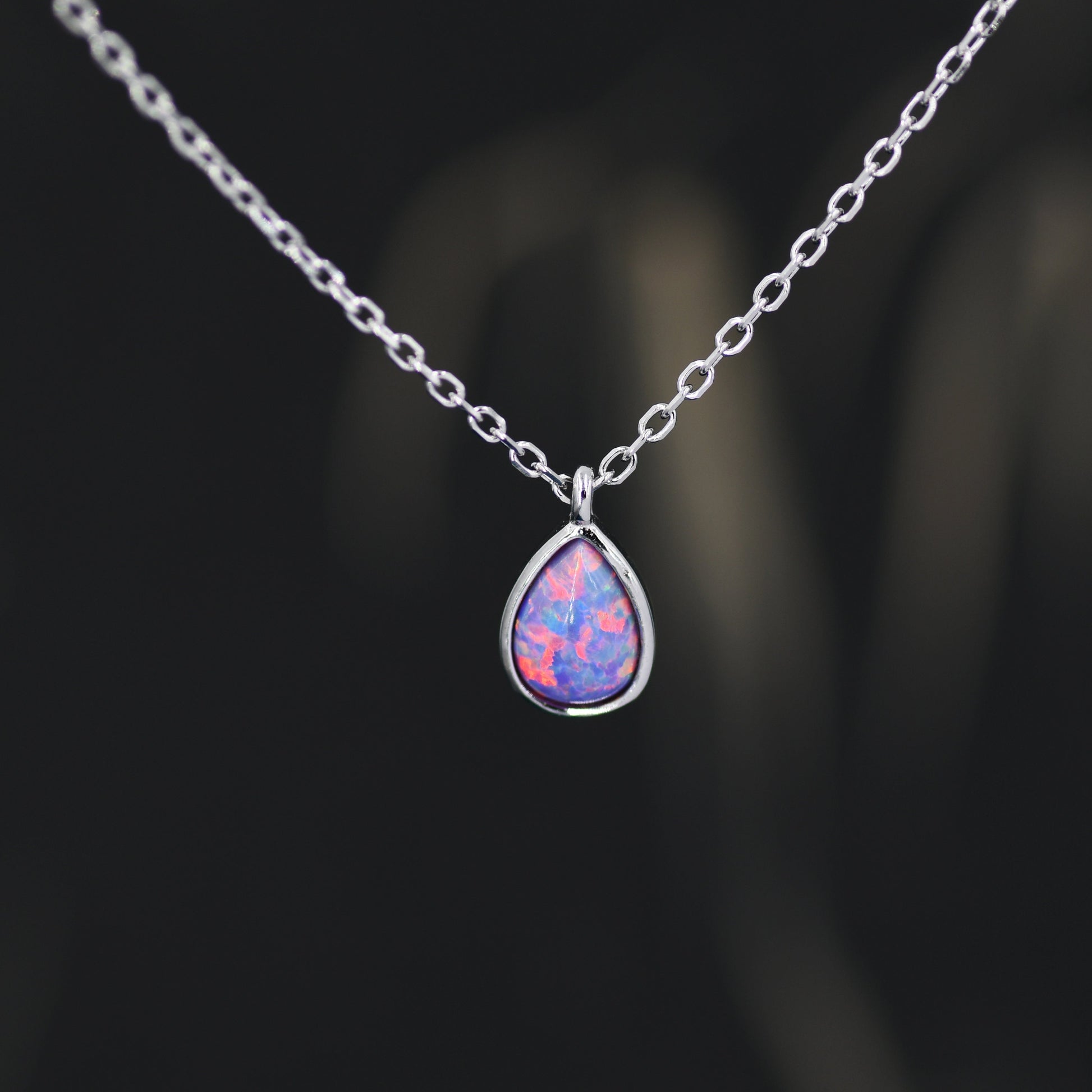 Droplet Purple Opal Pendant Necklace in Sterling Silver, Lab Opal Necklace, Pear Shape Opal Necklace, Fire Opal Necklace