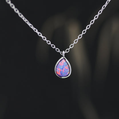 Droplet Purple Opal Pendant Necklace in Sterling Silver, Lab Opal Necklace, Pear Shape Opal Necklace, Fire Opal Necklace