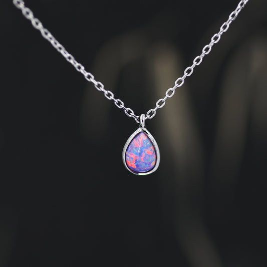 Droplet Purple Opal Pendant Necklace in Sterling Silver, Lab Opal Necklace,  Pear Shape Opal Necklace, Fire Opal Necklace