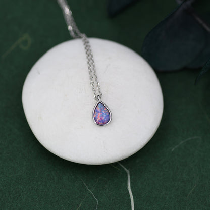 Droplet Purple Opal Pendant Necklace in Sterling Silver, Lab Opal Necklace, Pear Shape Opal Necklace, Fire Opal Necklace