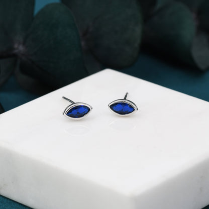 Sapphire Blue Marquise Stud Earrings in Sterling Silver, 3x6mm Simulated Sapphire, Silver or Gold, September Birthstone