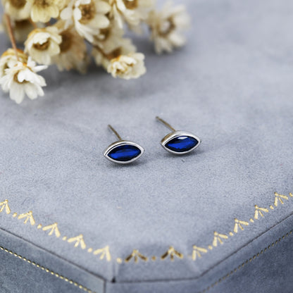 Sapphire Blue Marquise Stud Earrings in Sterling Silver, 3x6mm Simulated Sapphire, Silver or Gold, September Birthstone