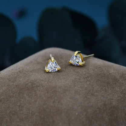 Trillion Cut CZ Stud Earrings in Sterling Silver, Silver or Gold, Trillion Cut Zirconia Earings, Double Pronged, Tiny CZ Stud