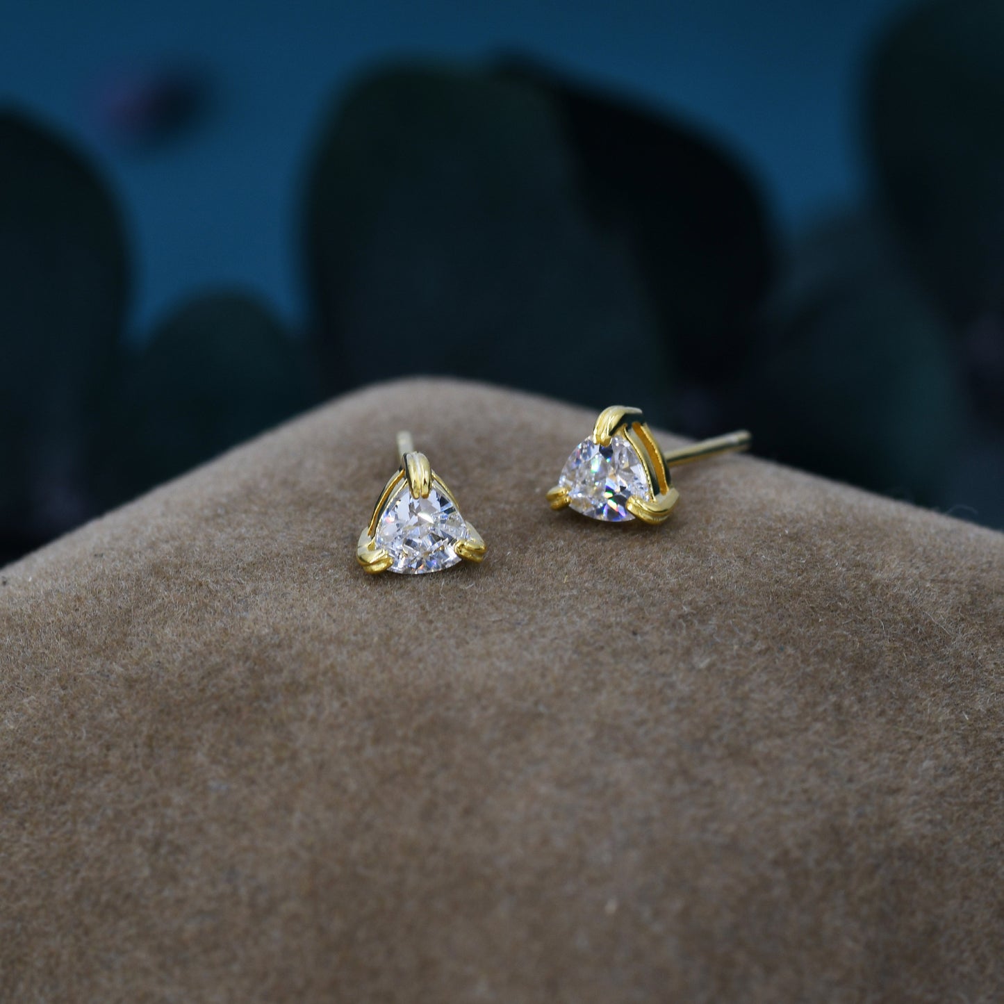 Genuine White Topaz Stud Earrings in Sterling Silver, Silver or Gold, Trillion Cut Natural White Topaz Earrings, Double Pronged