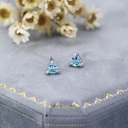 Trillion Cut Topaz Blue CZ Stud Earrings in Sterling Silver,  Trillion Cut Blue Zirconia Earrings, Double Pronged, Tiny CZ Stud