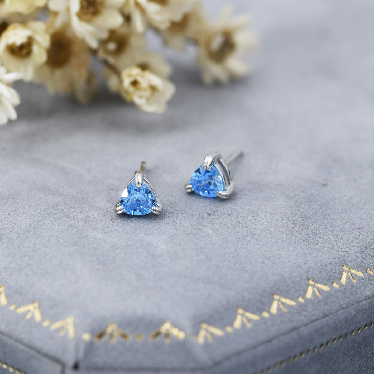 Trillion Cut Aquamarine Blue CZ Stud Earrings in Sterling Silver, Silver or Gold, Trillion Cut Zirconia Earrings, Double Pronged, Tiny Stud