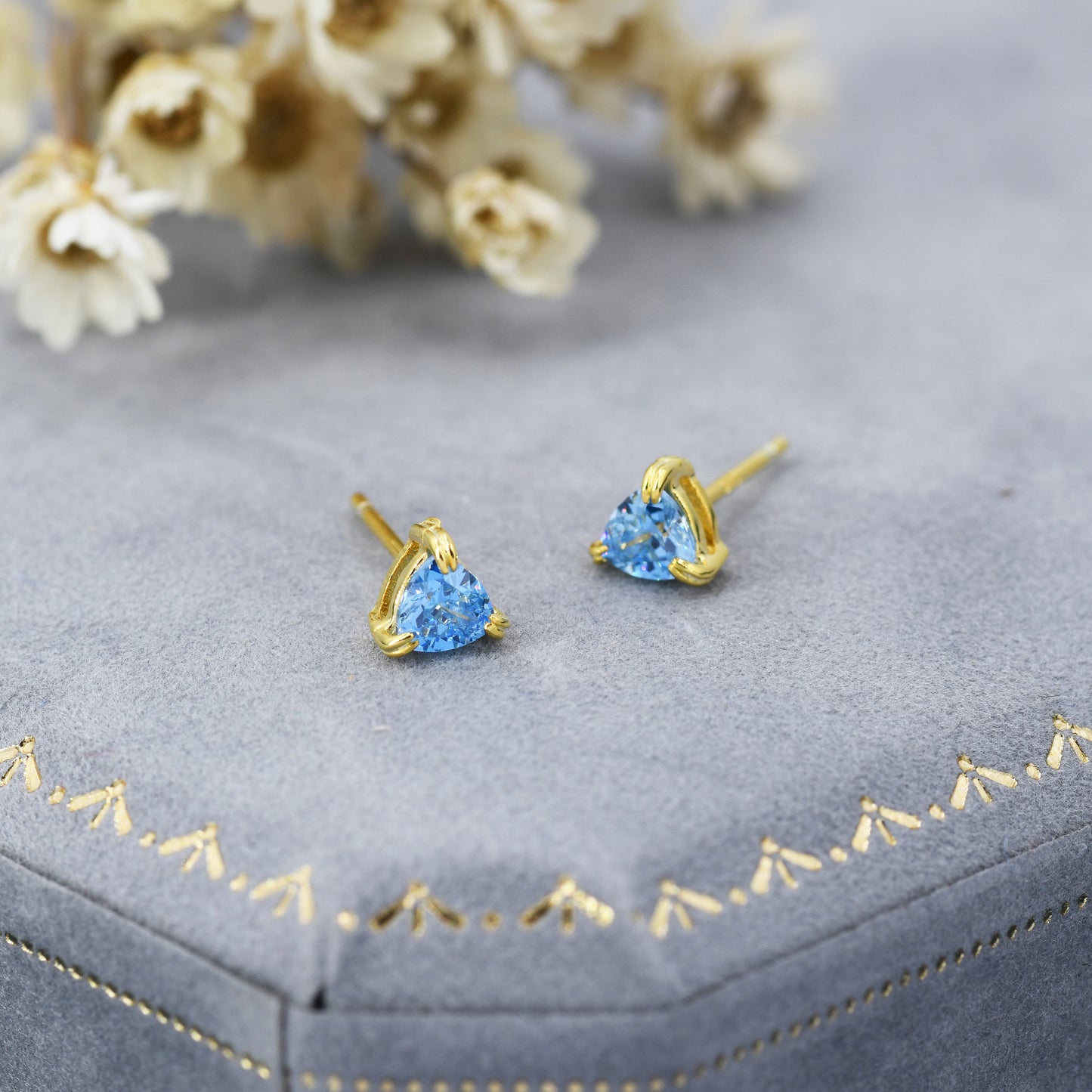 Trillion Cut Aquamarine Blue CZ Stud Earrings in Sterling Silver, Silver or Gold, Trillion Cut Zirconia Earrings, Double Pronged, Tiny Stud