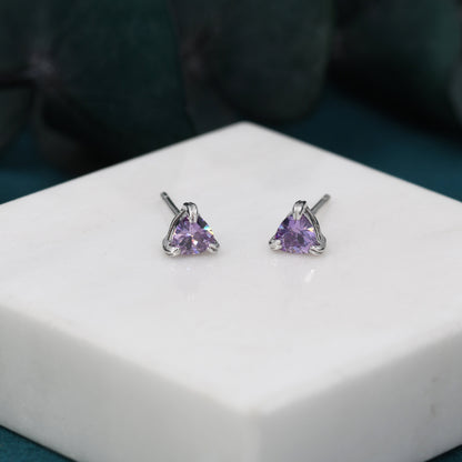 Tiny Trillion Cut Amethyst Purple CZ Stud Earrings in Sterling Silver,  Trillion Cut Purple Zirconia Earrings, Double Pronged, Tiny CZ Stud