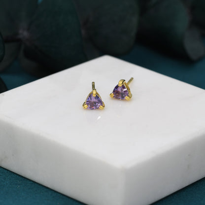 Tiny Trillion Cut Amethyst Purple CZ Stud Earrings in Sterling Silver,  Trillion Cut Purple Zirconia Earrings, Double Pronged, Tiny CZ Stud