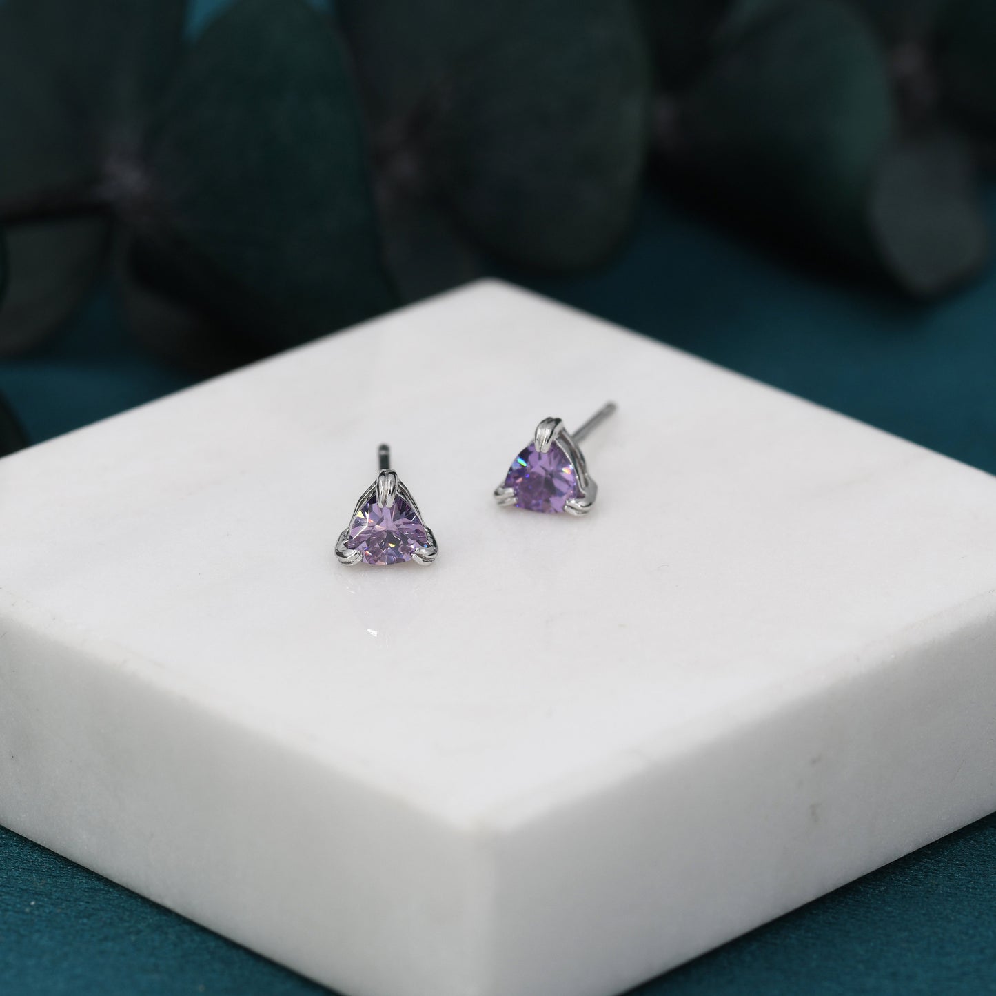 Tiny Trillion Cut Amethyst Purple CZ Stud Earrings in Sterling Silver,  Trillion Cut Purple Zirconia Earrings, Double Pronged, Tiny CZ Stud