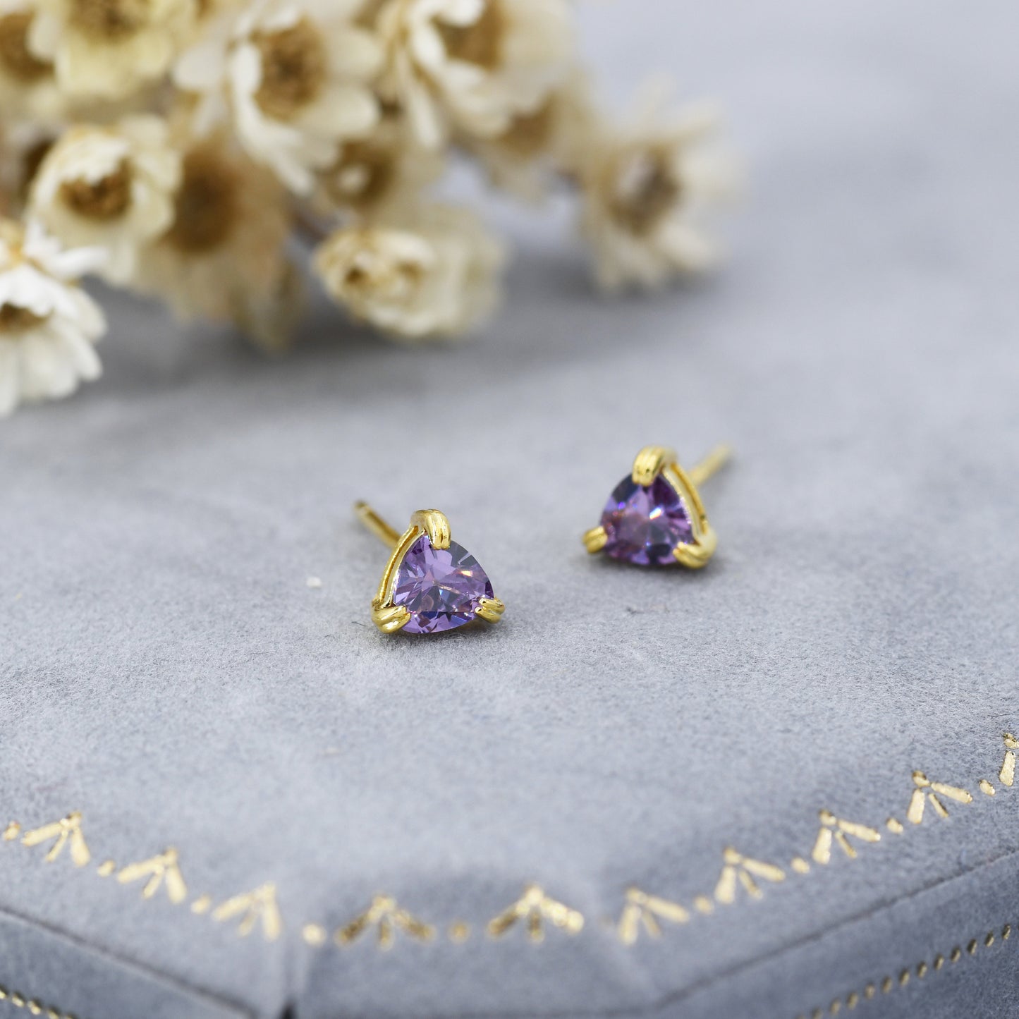 Tiny Trillion Cut Amethyst Purple CZ Stud Earrings in Sterling Silver,  Trillion Cut Purple Zirconia Earrings, Double Pronged, Tiny CZ Stud