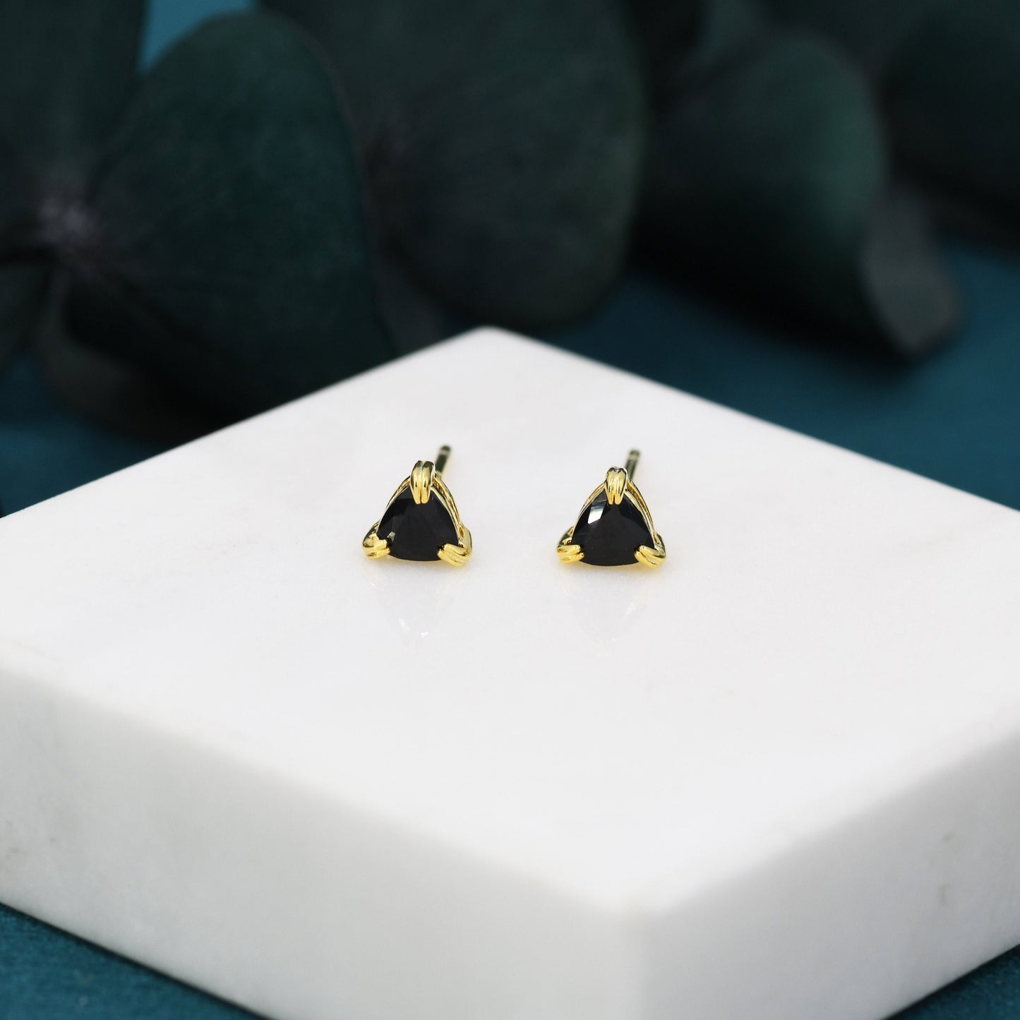 Trillion Cut Black CZ Stud Earrings in Sterling Silver,, Silver or Gold, Trillion Cut Black Zirconia Earrings, Double Pronged