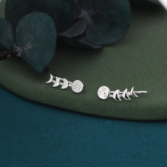 Moon Phase Crawler Earrings in Sterling Silver, Silver or Gold, Moon and Star Earrings, Ear Climbers, Celestial Earrings