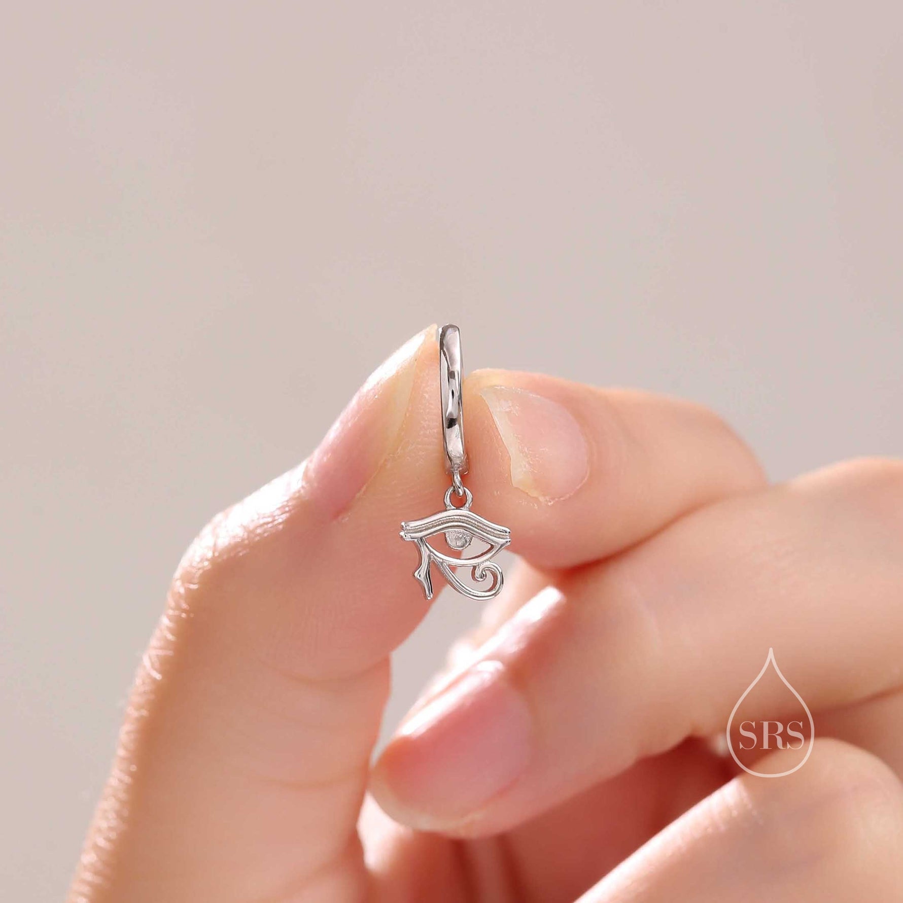Eye of Horus Huggie Hoop Earrings in Sterling Silver, Silver or Gold or Rose Gold, Ancient Egypt Inspired Earrings, Egyptian Eye Earrings
