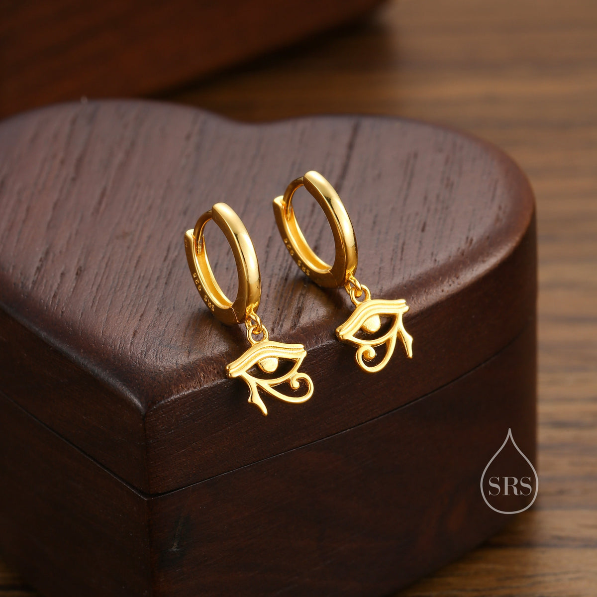 Eye of Horus Huggie Hoop Earrings in Sterling Silver, Silver or Gold or Rose Gold, Ancient Egypt Inspired Earrings, Egyptian Eye Earrings