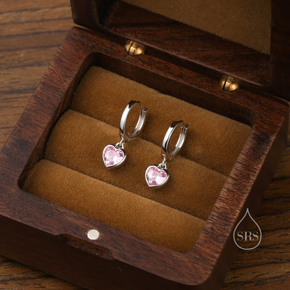 Pink CZ Heart Huggie Hoop in Sterling Silver, Silver or Gold, 8mm Inner Diameter, Stacking Earrings, October Birthstone