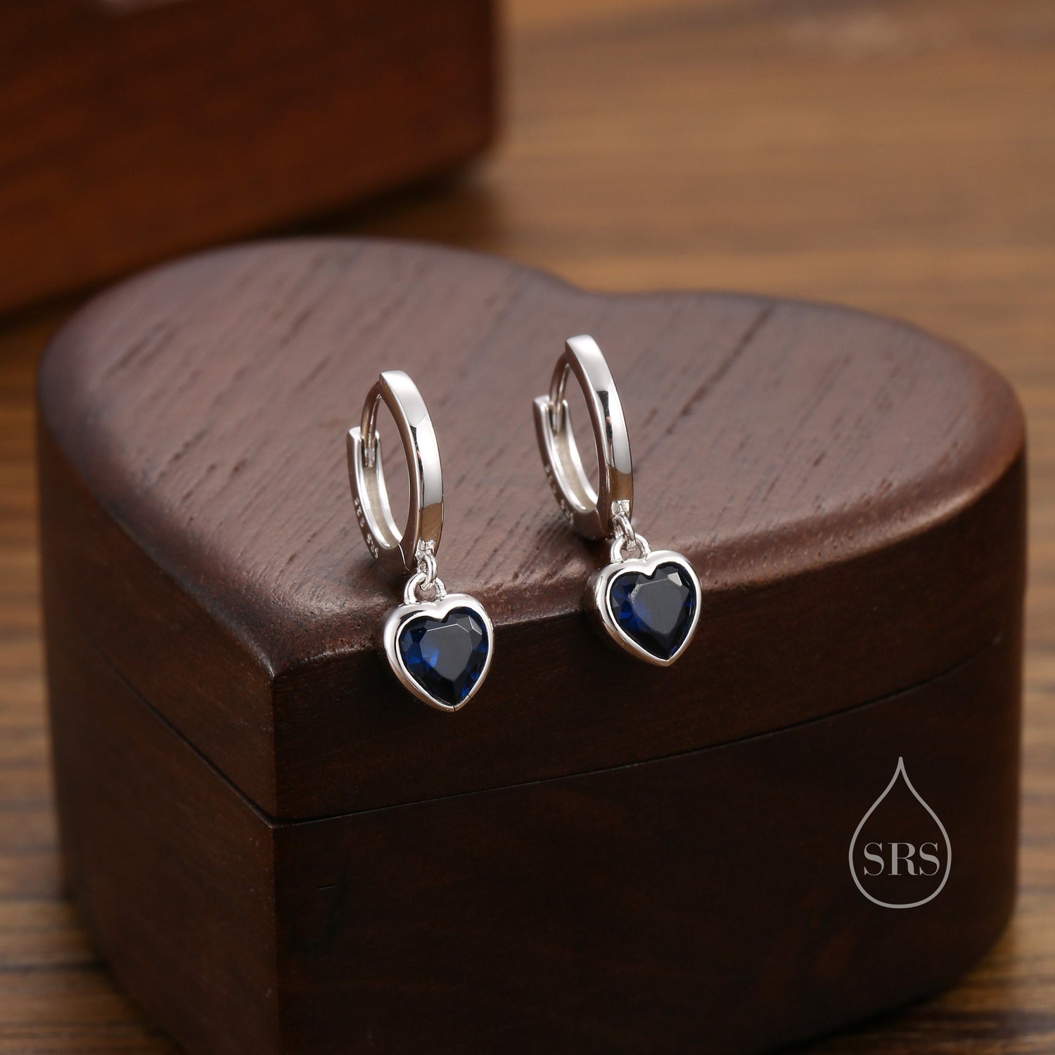 Sapphire Blue CZ Heart Huggie Hoop in Sterling Silver, Silver or Gold, 8mm Inner Diameter, Stacking Earrings, September Birthstone